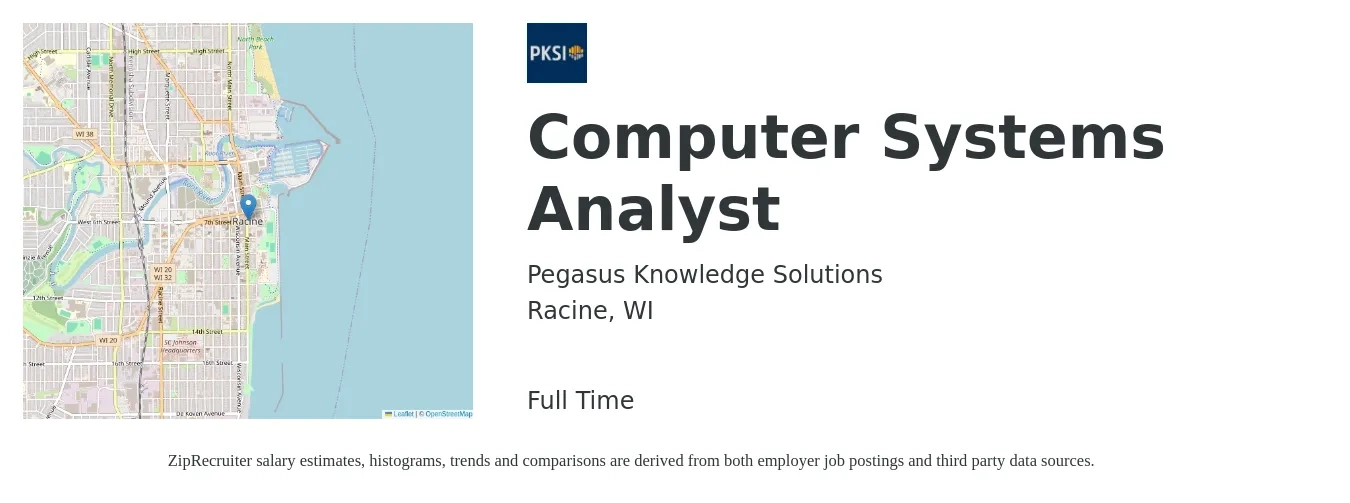 Pegasus Knowledge Solutions job posting for a Computer Systems Analyst in Racine, WI with a salary of $27 to $45 Hourly with a map of Racine location.