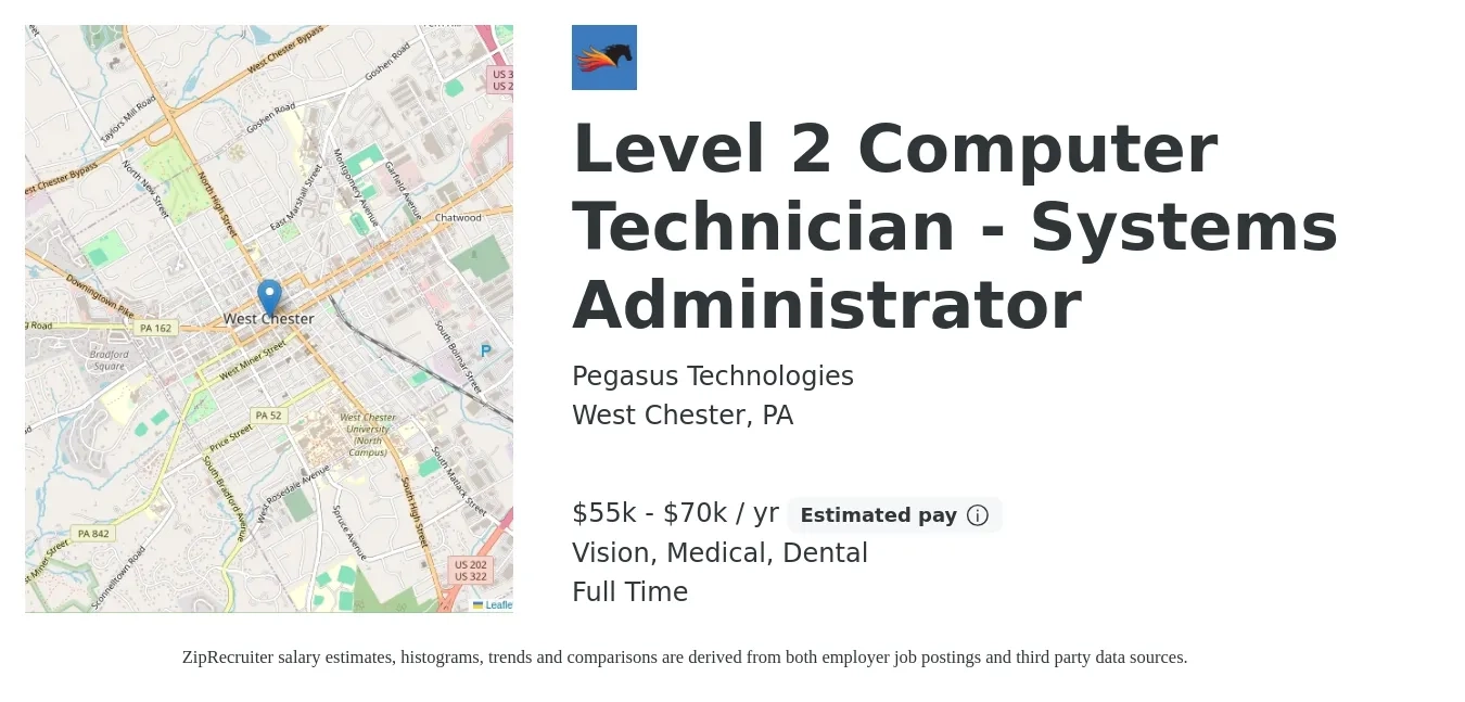Pegasus Technologies job posting for a Level 2 Computer Technician - Systems Administrator in West Chester, PA with a salary of $55,000 to $70,000 Yearly and benefits including medical, retirement, vision, and dental with a map of West Chester location.