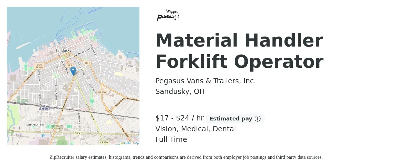 Pegasus Vans & Trailers, Inc. job posting for a Material Handler Forklift Operator in Sandusky, OH with a salary of $18 to $25 Hourly and benefits including medical, retirement, vision, and dental with a map of Sandusky location.