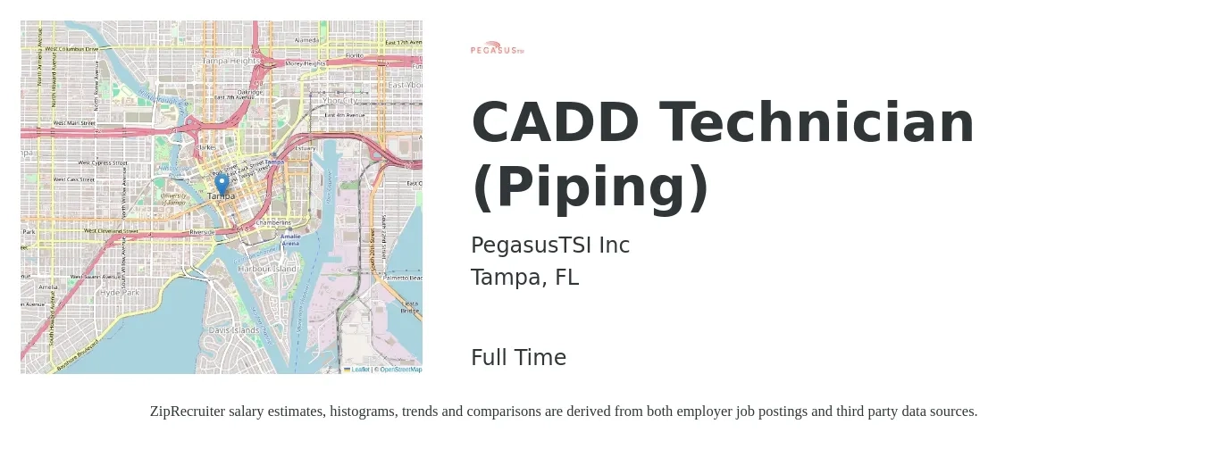 PegasusTSI Inc job posting for a CADD Technician (Piping) in Tampa, FL with a salary of $47,200 to $73,700 Yearly with a map of Tampa location.