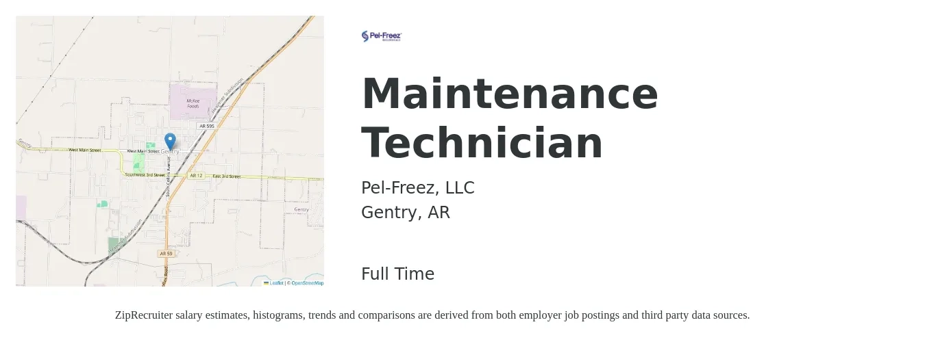 Pel-Freez, LLC job posting for a Maintenance Technician in Gentry, AR with a salary of $16 to $22 Hourly with a map of Gentry location.