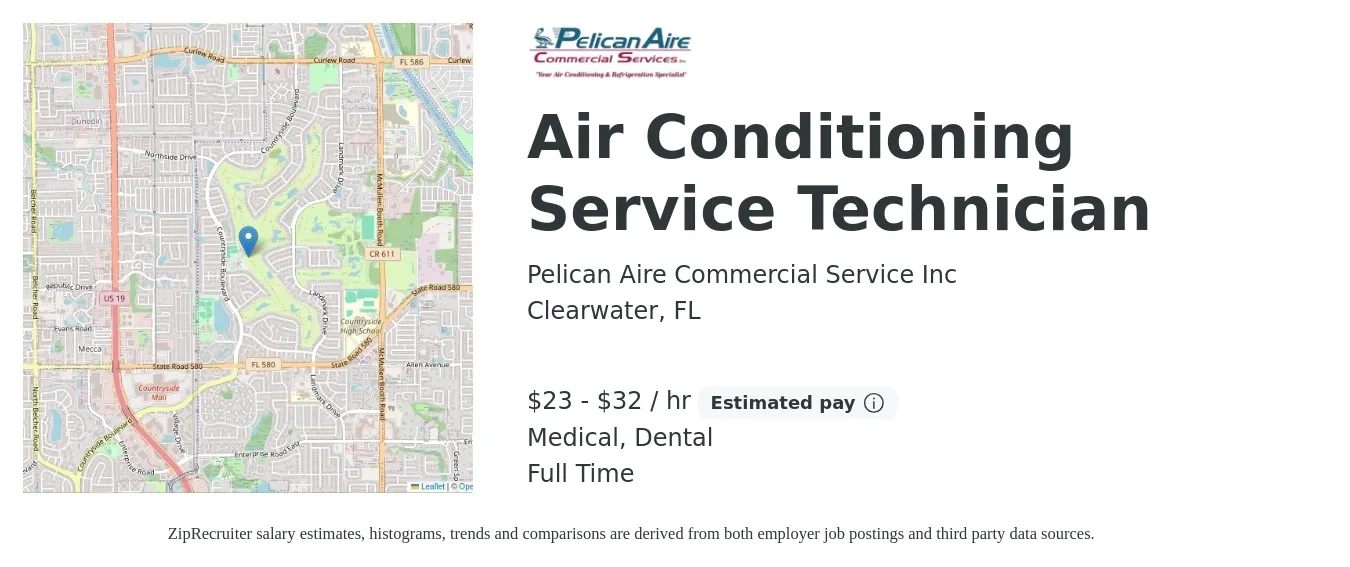 Pelican Aire Commercial Service Inc job posting for a Air Conditioning Service Technician in Clearwater, FL with a salary of $24 to $34 Hourly and benefits including dental, medical, and retirement with a map of Clearwater location.