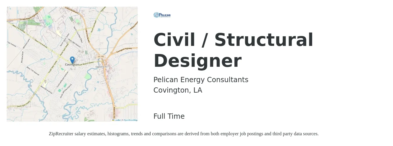 Pelican Energy Consultants job posting for a Civil / Structural Designer in Covington, LA with a salary of $34 to $51 Hourly with a map of Covington location.