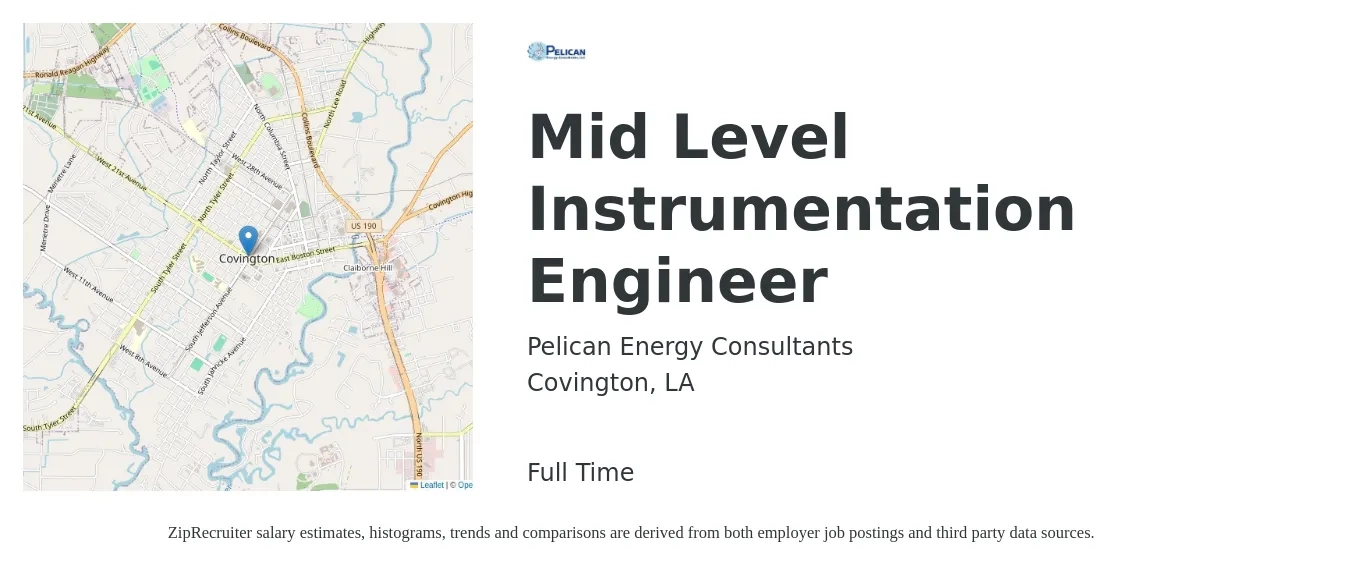 Pelican Energy Consultants job posting for a Mid Level Instrumentation Engineer in Covington, LA with a salary of $66,700 to $113,100 Yearly with a map of Covington location.