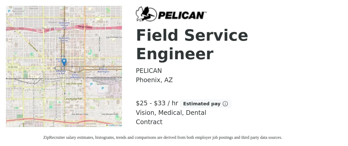 PELICAN job posting for a Field Service Engineer in Phoenix, AZ with a salary of $27 to $35 Hourly and benefits including dental, life_insurance, medical, retirement, and vision with a map of Phoenix location.