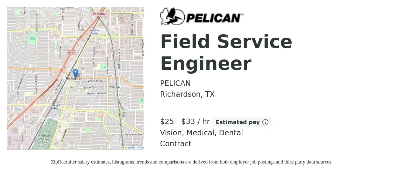 PELICAN job posting for a Field Service Engineer in Richardson, TX with a salary of $27 to $35 Hourly and benefits including dental, life_insurance, medical, retirement, and vision with a map of Richardson location.