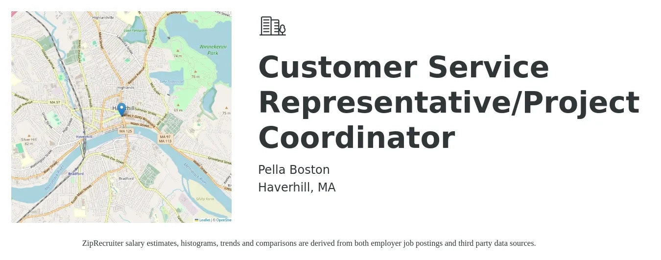 Pella Boston job posting for a Customer Service Representative/Project Coordinator in Haverhill, MA with a salary of $16 to $22 Hourly with a map of Haverhill location.