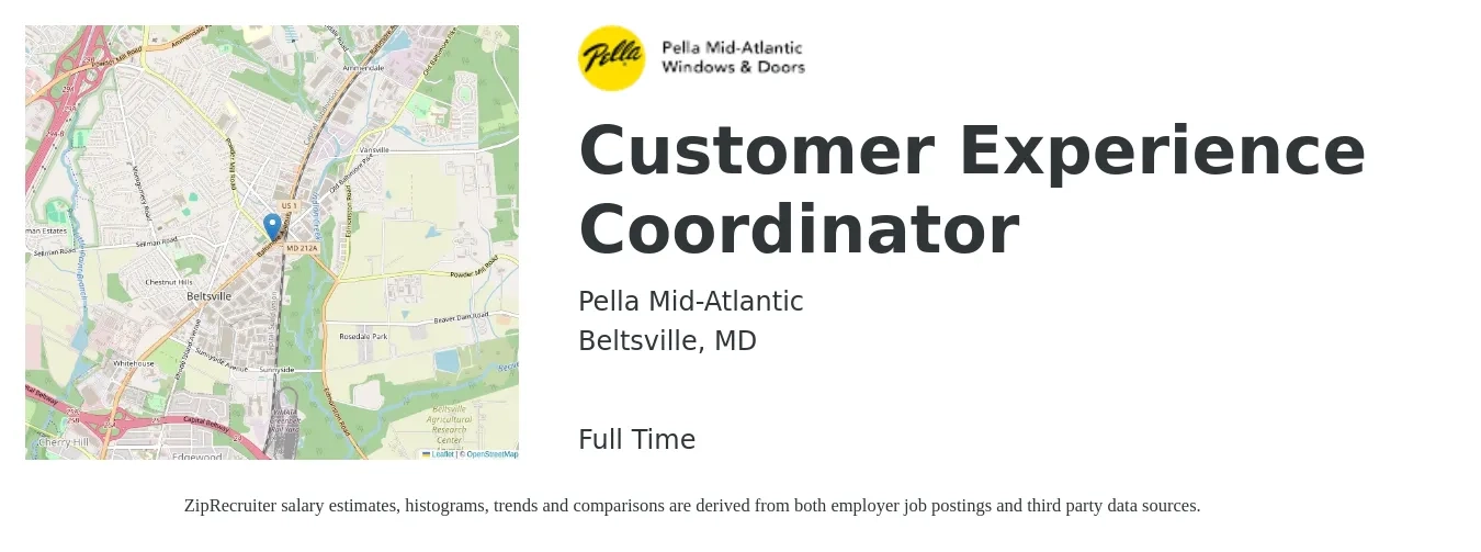 Pella Mid-Atlantic job posting for a Customer Experience Coordinator in Beltsville, MD with a salary of $18 to $24 Hourly with a map of Beltsville location.