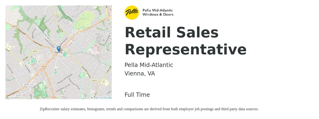 Pella Mid-Atlantic job posting for a Retail Sales Representative in Vienna, VA with a salary of $15 to $22 Hourly with a map of Vienna location.