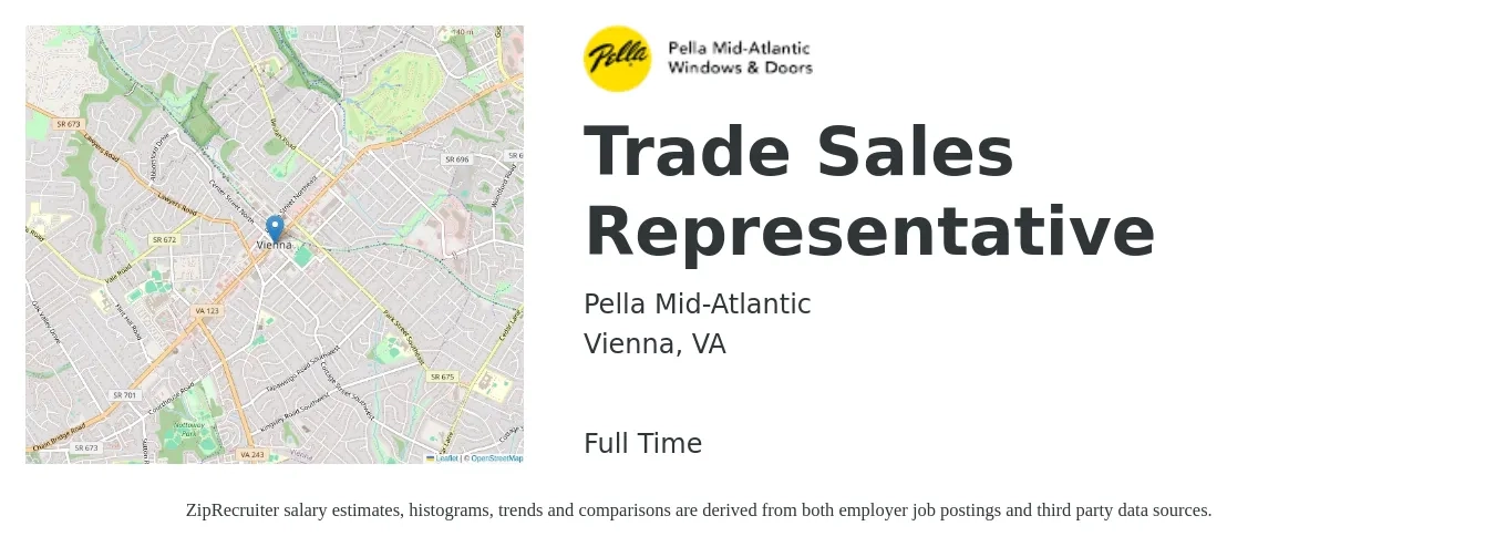 Pella Mid-Atlantic job posting for a Trade Sales Representative in Vienna, VA with a salary of $53,700 to $93,300 Yearly with a map of Vienna location.