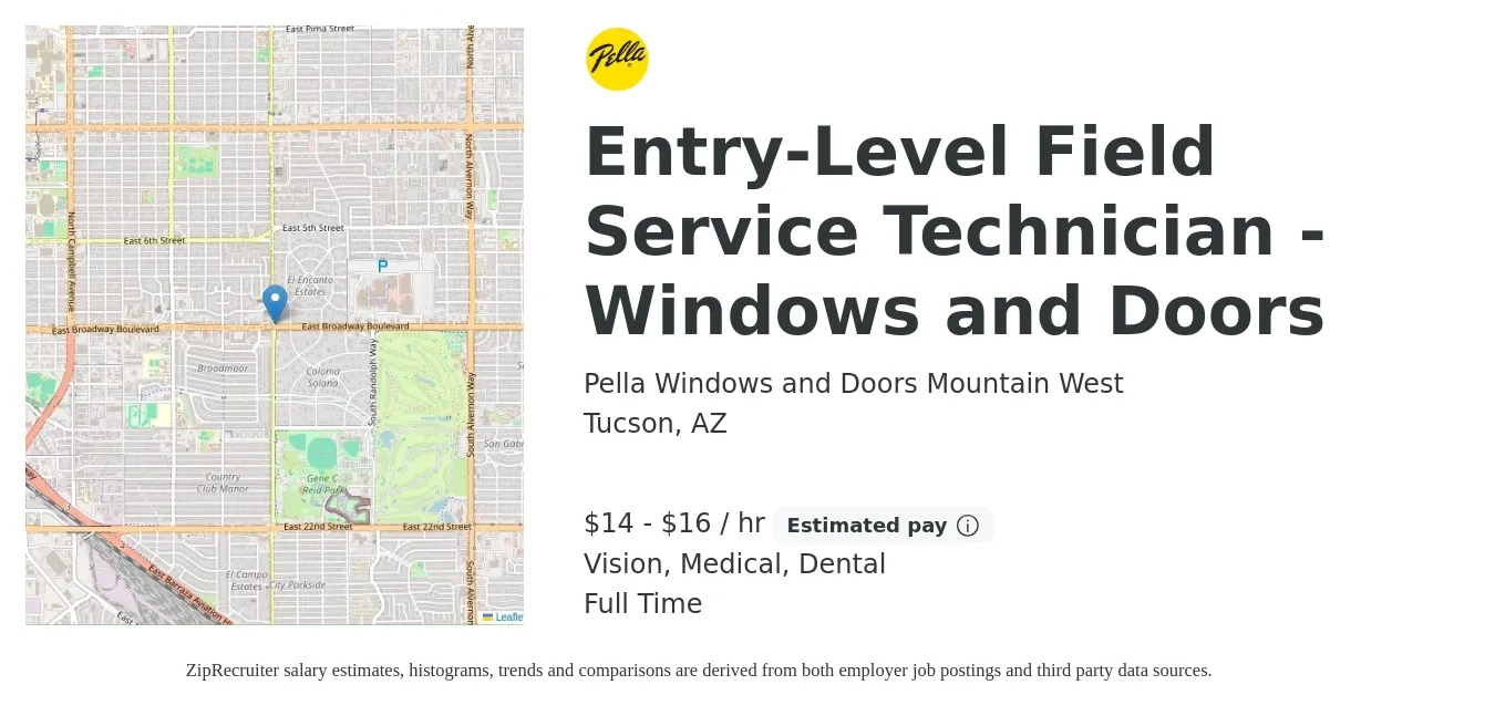 Pella Windows and Doors Mountain West job posting for a Entry-Level Field Service Technician - Windows and Doors in Tucson, AZ with a salary of $16 to $18 Hourly and benefits including dental, life_insurance, medical, retirement, and vision with a map of Tucson location.