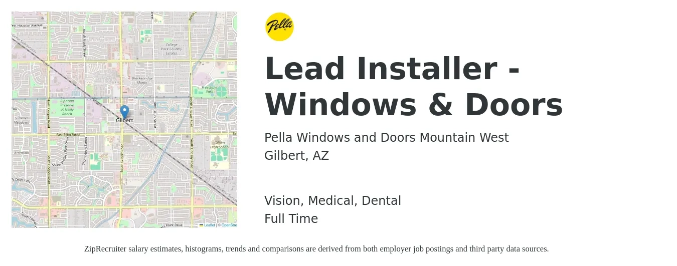 Pella Windows and Doors Mountain West job posting for a Lead Installer - Windows & Doors in Gilbert, AZ with a salary of $24 to $32 Hourly and benefits including dental, medical, retirement, and vision with a map of Gilbert location.