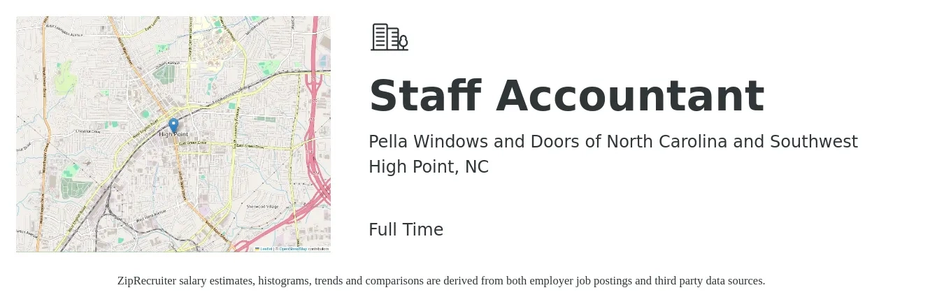 Pella Windows and Doors of North Carolina and Southwest job posting for a Staff Accountant in High Point, NC with a salary of $50,400 to $66,400 Yearly with a map of High Point location.