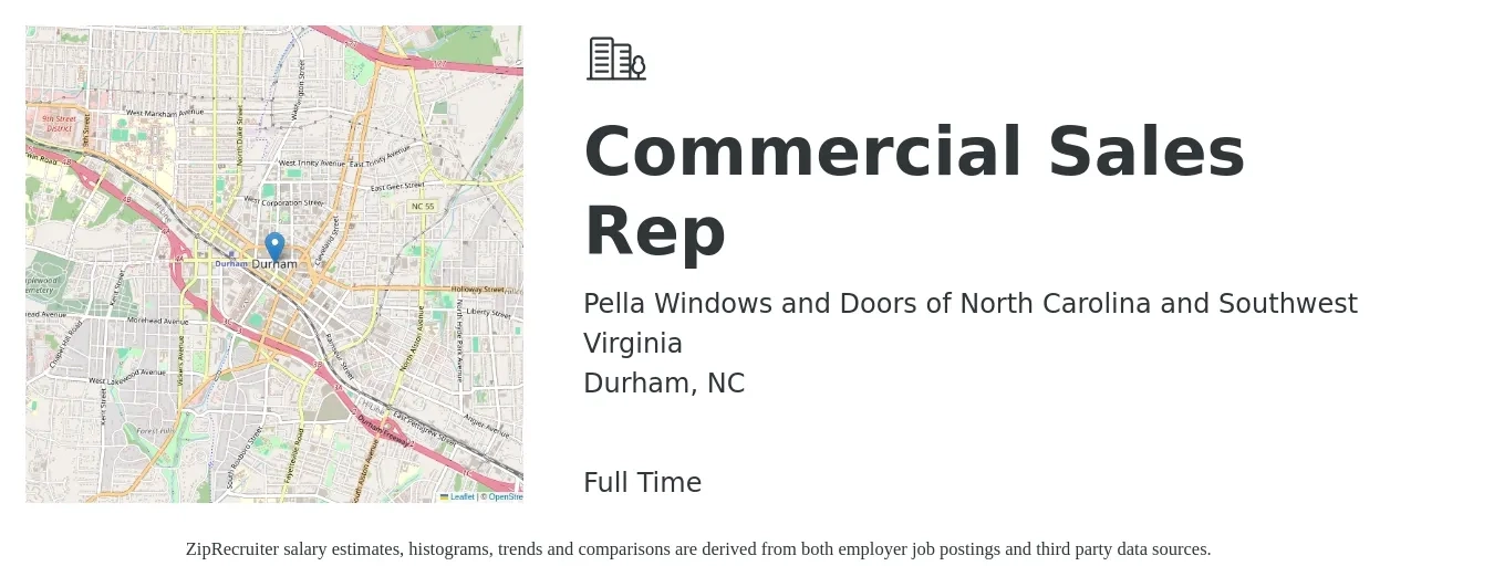 Pella Windows and Doors of North Carolina and Southwest Virginia job posting for a Commercial Sales Rep in Durham, NC with a salary of $41,200 to $59,800 Yearly with a map of Durham location.