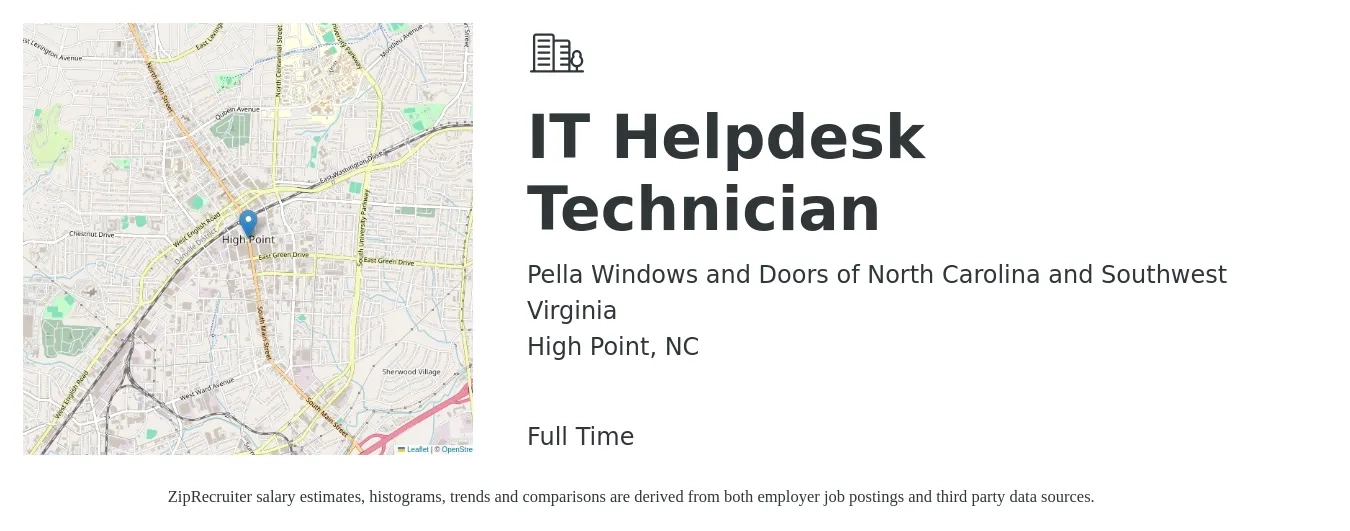 Pella Windows and Doors of North Carolina and Southwest Virginia job posting for a IT Helpdesk Technician in High Point, NC with a salary of $18 to $26 Hourly with a map of High Point location.