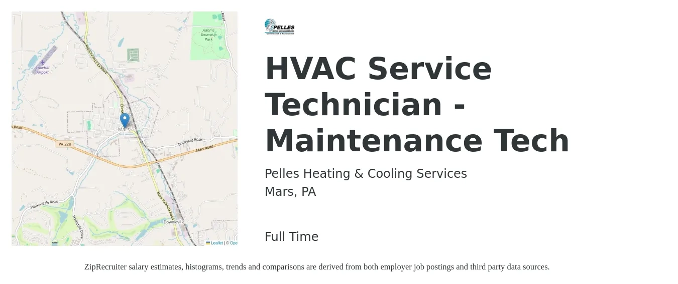 Pelles Heating & Cooling Services job posting for a HVAC Service Technician - Maintenance Tech in Mars, PA with a salary of $24 to $34 Hourly with a map of Mars location.