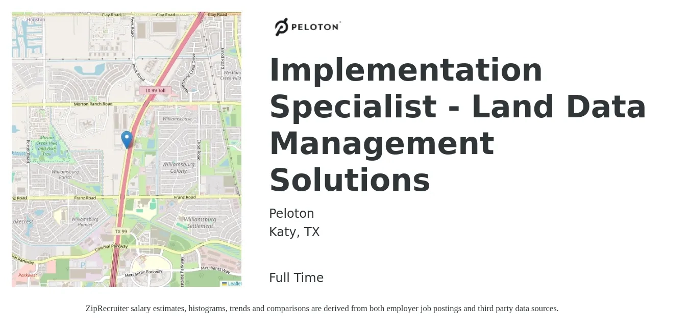 Peloton job posting for a Implementation Specialist - Land Data Management Solutions in Katy, TX with a salary of $24 to $33 Hourly with a map of Katy location.