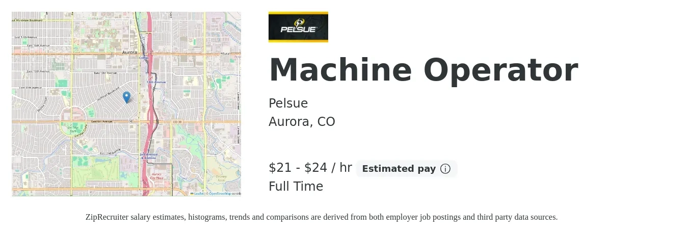 Pelsue job posting for a Machine Operator in Aurora, CO with a salary of $22 to $25 Hourly with a map of Aurora location.