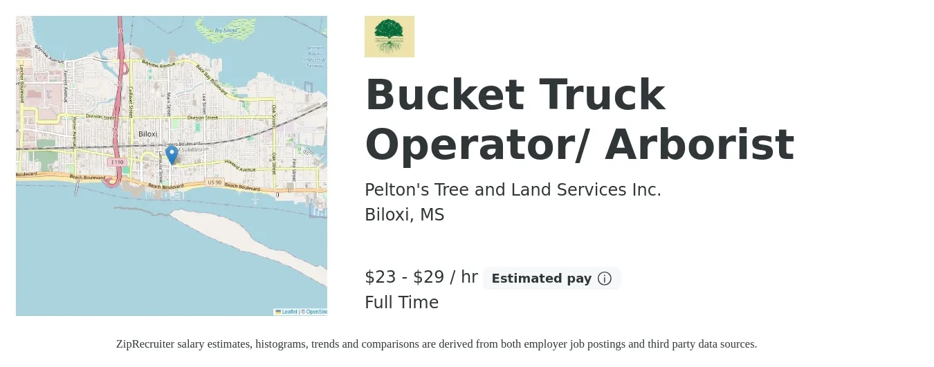 Pelton's Tree and Land Services Inc. job posting for a Bucket Truck Operator/ Arborist in Biloxi, MS with a salary of $24 to $31 Hourly and benefits including pto with a map of Biloxi location.