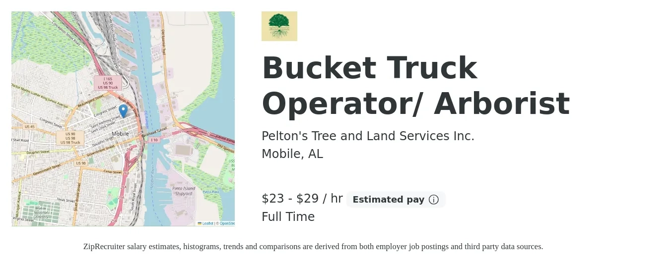 Pelton's Tree and Land Services Inc. job posting for a Bucket Truck Operator/ Arborist in Mobile, AL with a salary of $24 to $31 Hourly and benefits including pto with a map of Mobile location.