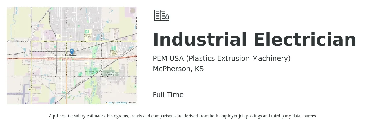 PEM USA (Plastics Extrusion Machinery) job posting for a Industrial Electrician in McPherson, KS with a salary of $24 to $31 Hourly with a map of McPherson location.