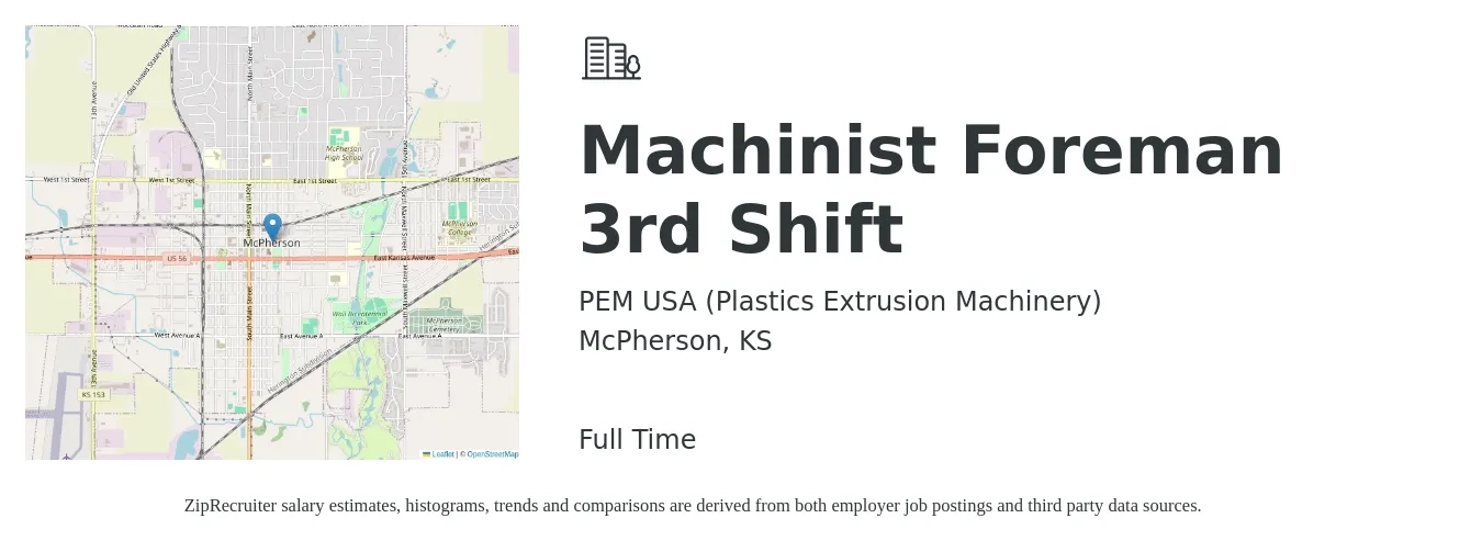 PEM USA (Plastics Extrusion Machinery) job posting for a Machinist Foreman 3rd Shift in McPherson, KS with a salary of $29 to $37 Hourly with a map of McPherson location.