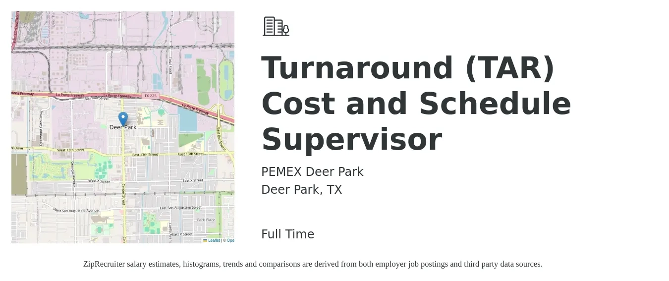PEMEX Deer Park job posting for a Turnaround (TAR) Cost and Schedule Supervisor in Deer Park, TX with a salary of $82,100 to $109,000 Yearly with a map of Deer Park location.