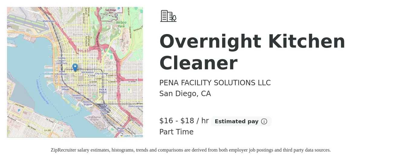PENA FACILITY SOLUTIONS LLC job posting for a Overnight Kitchen Cleaner in San Diego, CA with a salary of $18 to $19 Hourly with a map of San Diego location.
