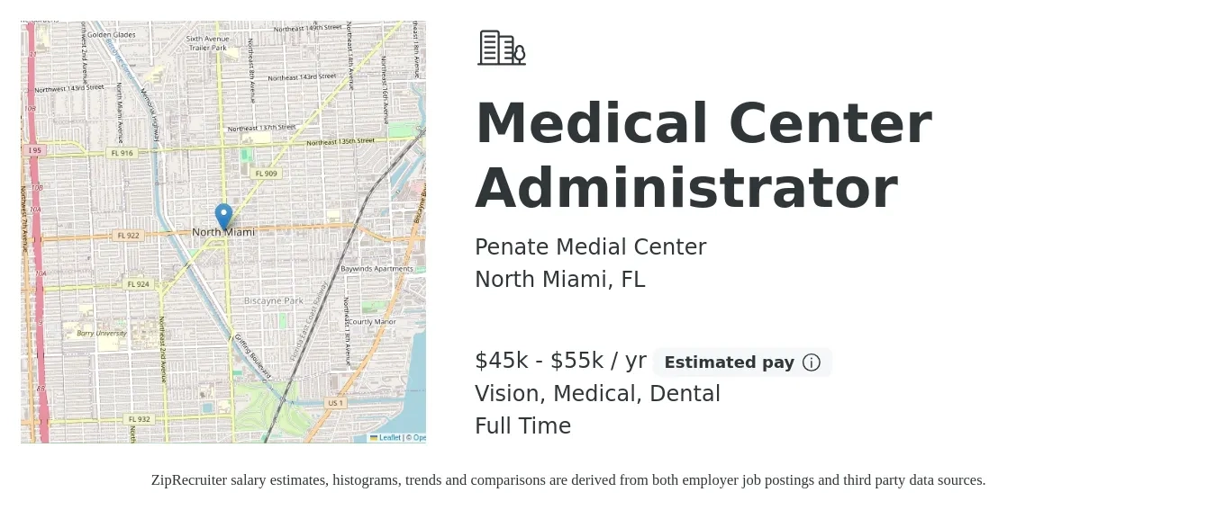 Penate Medial Center job posting for a Medical Center Administrator in North Miami, FL with a salary of $45,000 to $55,000 Yearly and benefits including dental, medical, retirement, and vision with a map of North Miami location.