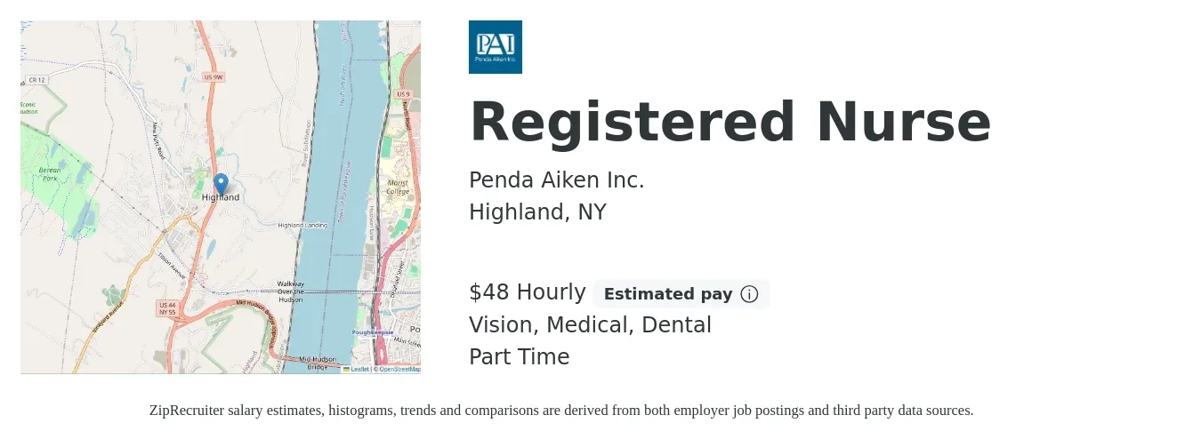 Penda Aiken Inc. job posting for a Registered Nurse in Highland, NY with a salary of $50 Hourly and benefits including medical, vision, and dental with a map of Highland location.