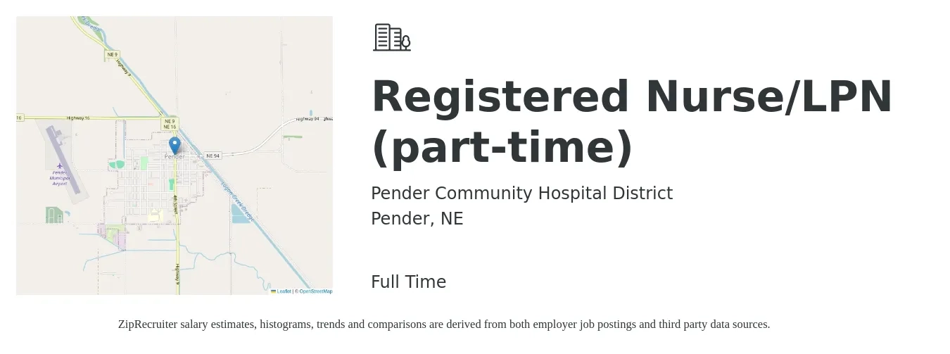 Pender Community Hospital District job posting for a Registered Nurse/LPN (part-time) in Pender, NE with a salary of $46,981 to $63,449 Yearly with a map of Pender location.