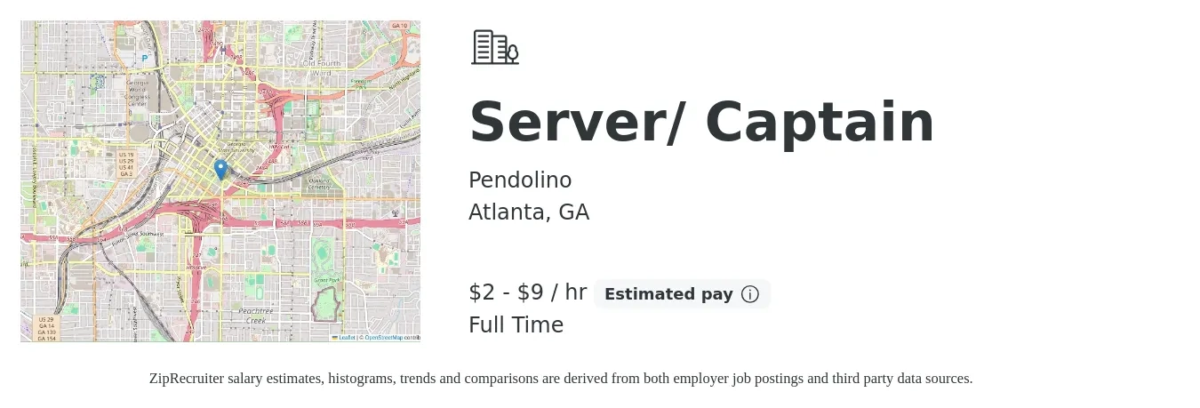 Pendolino job posting for a Server/ Captain in Atlanta, GA with a salary of $2 to $10 Hourly with a map of Atlanta location.
