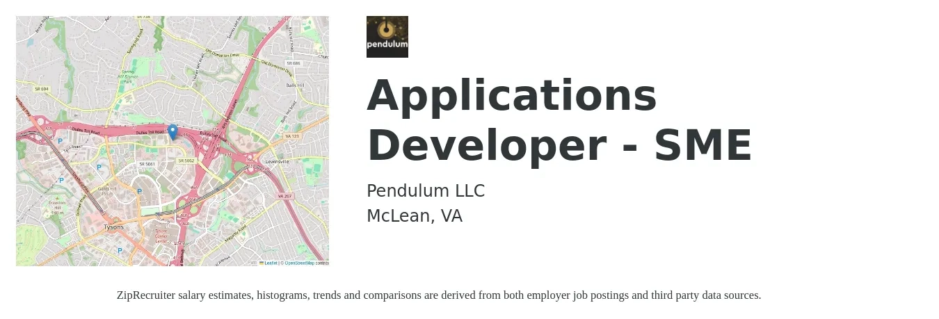 Pendulum LLC job posting for a Applications Developer - SME in McLean, VA with a salary of $44 to $64 Hourly with a map of McLean location.