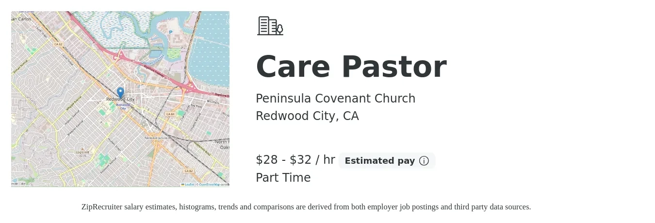 Peninsula Covenant Church job posting for a Care Pastor in Redwood City, CA with a salary of $30 to $34 Hourly with a map of Redwood City location.