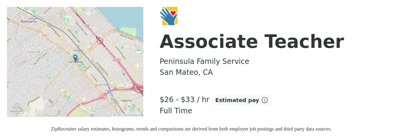 Peninsula Family Service job posting for a Associate Teacher in San Mateo, CA with a salary of $28 to $35 Hourly with a map of San Mateo location.