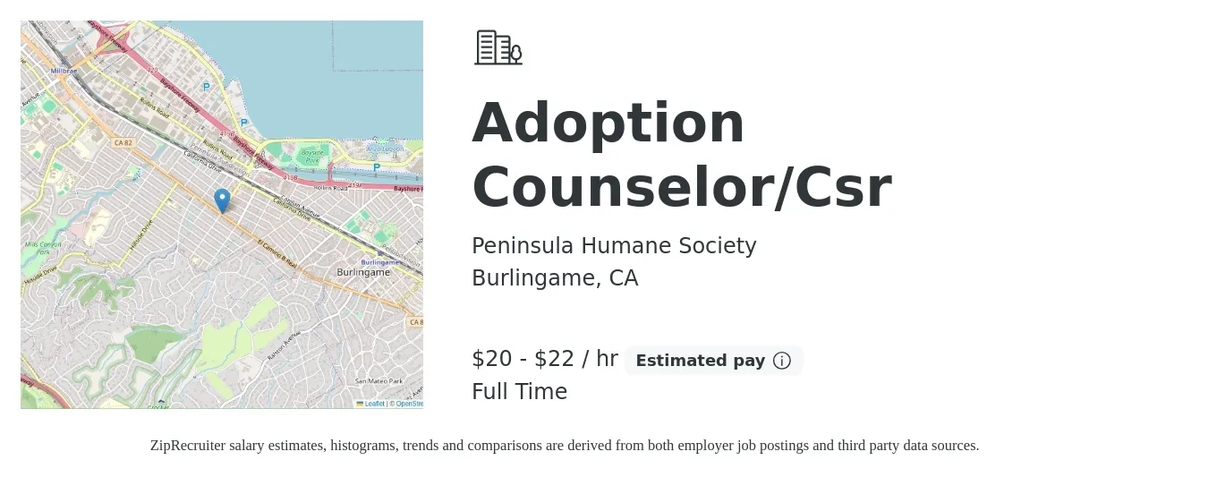 Peninsula Humane Society job posting for a Adoption Counselor/Csr in Burlingame, CA with a salary of $21 to $23 Hourly with a map of Burlingame location.