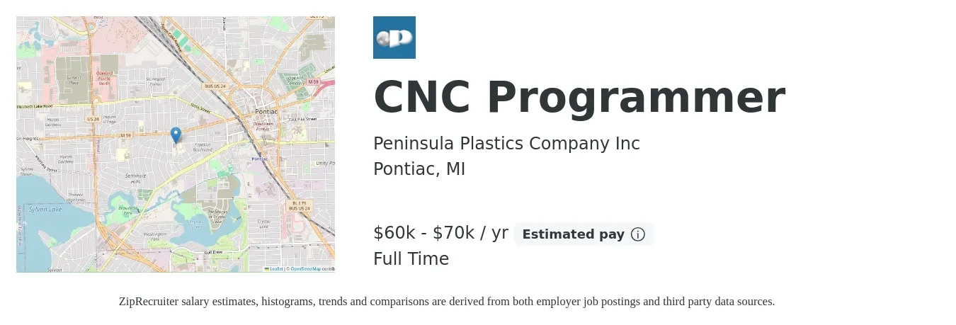 Peninsula Plastics Company Inc job posting for a CNC Programmer in Pontiac, MI with a salary of $60,000 to $70,000 Yearly with a map of Pontiac location.