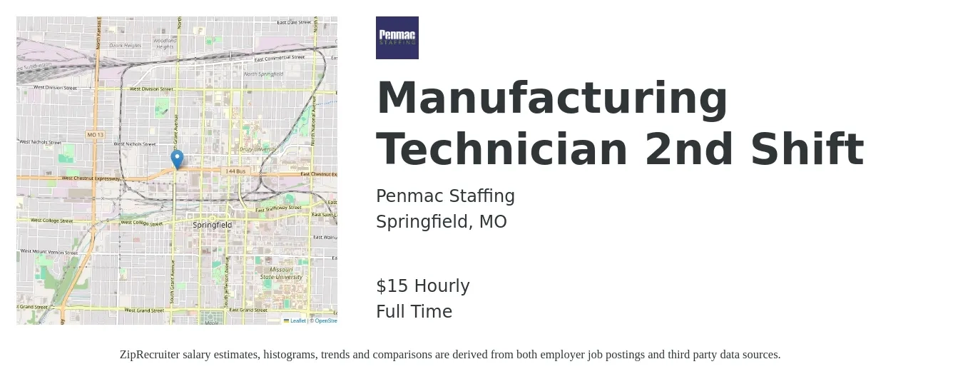 Penmac Staffing job posting for a Manufacturing Technician 2nd Shift in Springfield, MO with a salary of $16 Hourly with a map of Springfield location.