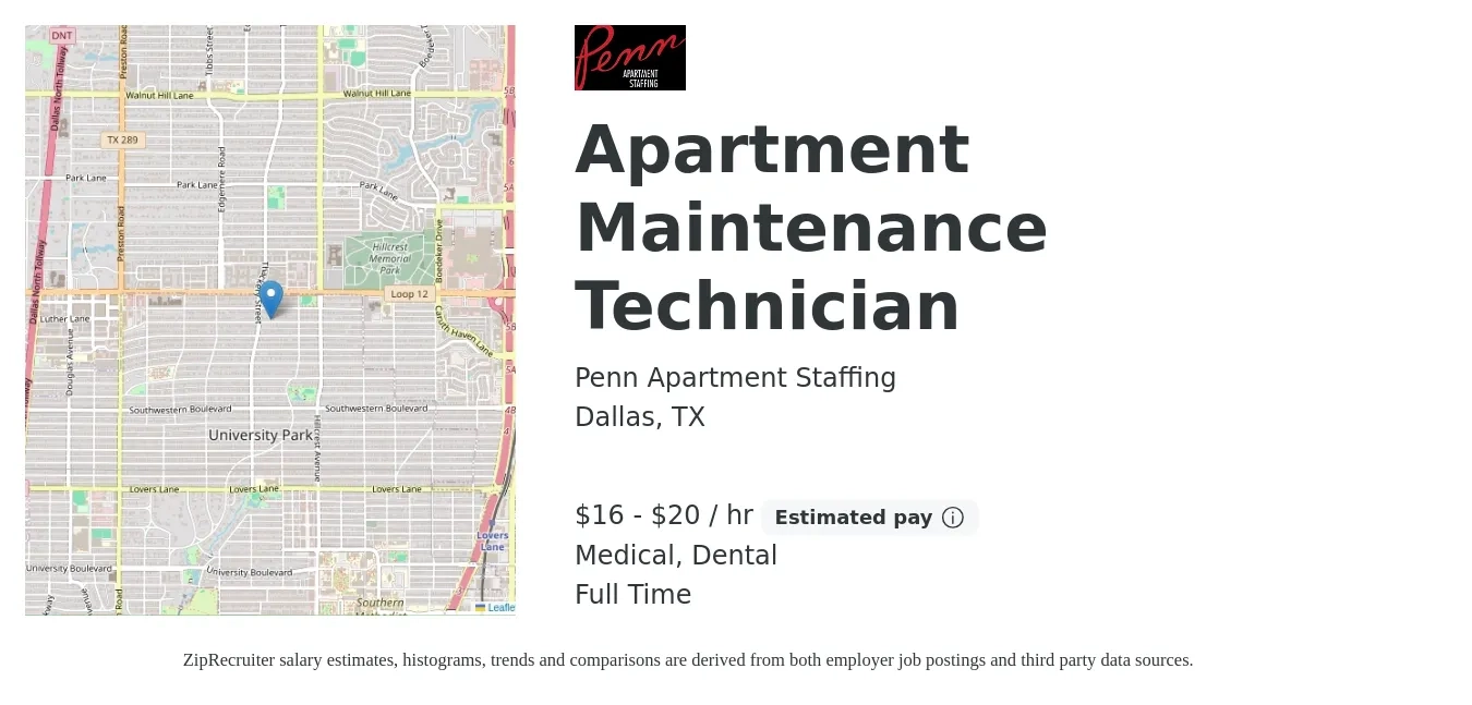 Penn Apartment Staffing job posting for a Apartment Maintenance Technician in Dallas, TX with a salary of $17 to $21 Hourly and benefits including dental, medical, and pto with a map of Dallas location.