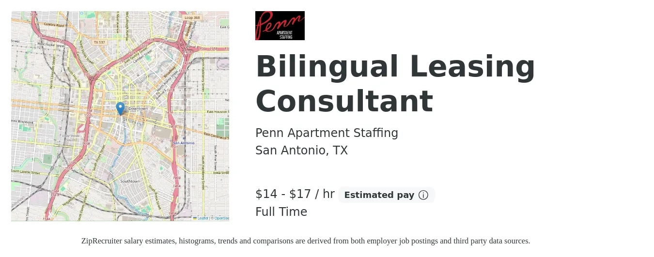 Penn Apartment Staffing job posting for a Bilingual Leasing Consultant in San Antonio, TX with a salary of $15 to $18 Hourly with a map of San Antonio location.