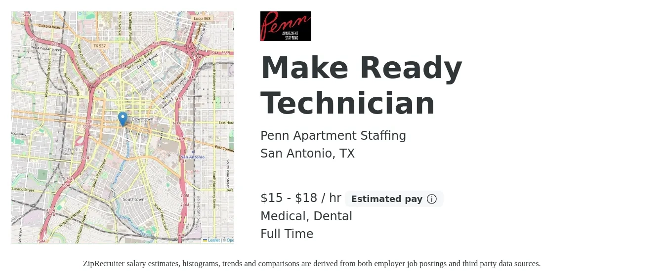 Penn Apartment Staffing job posting for a Make Ready Technician in San Antonio, TX with a salary of $16 to $19 Hourly and benefits including retirement, dental, life_insurance, and medical with a map of San Antonio location.