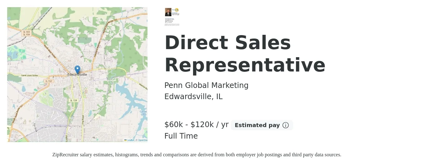 Penn Global Marketing job posting for a Direct Sales Representative in Edwardsville, IL with a salary of $60,000 to $120,000 Yearly with a map of Edwardsville location.