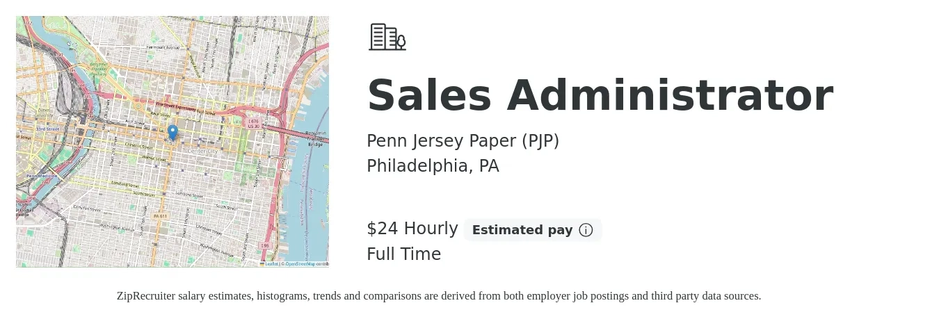 Penn Jersey Paper (PJP) job posting for a Sales Administrator in Philadelphia, PA with a salary of $19 to $26 Hourly with a map of Philadelphia location.