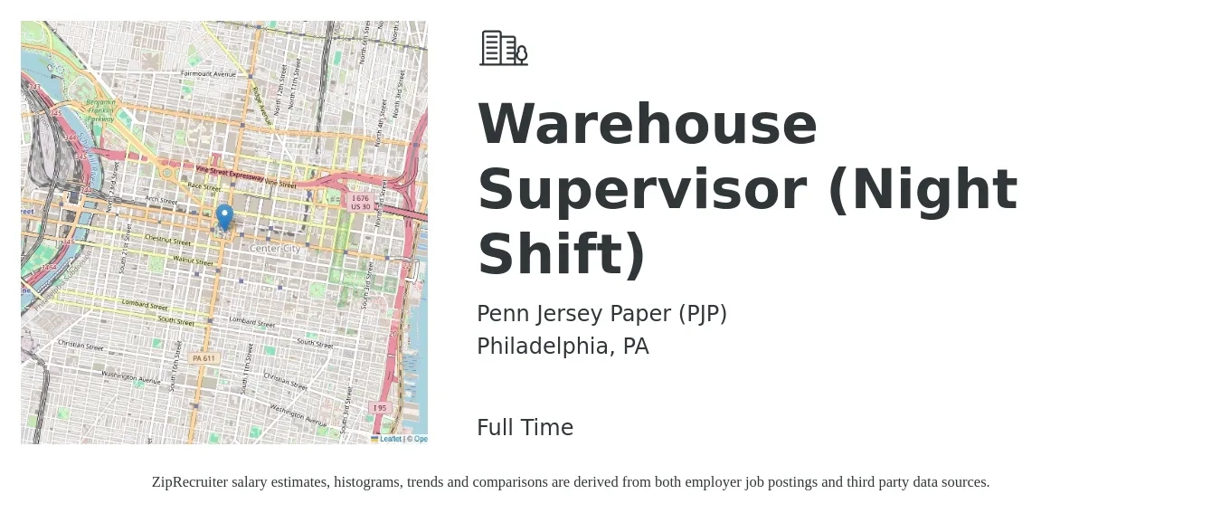 Penn Jersey Paper (PJP) job posting for a Warehouse Supervisor (Night Shift) in Philadelphia, PA with a salary of $50,000 to $60,000 Yearly with a map of Philadelphia location.