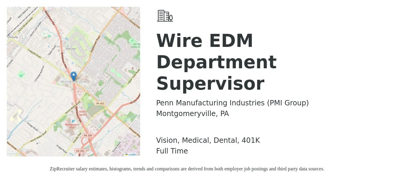 Penn Manufacturing Industries (PMI Group) job posting for a Wire EDM Department Supervisor in Montgomeryville, PA with a salary of $20 to $26 Hourly and benefits including vision, 401k, dental, and medical with a map of Montgomeryville location.