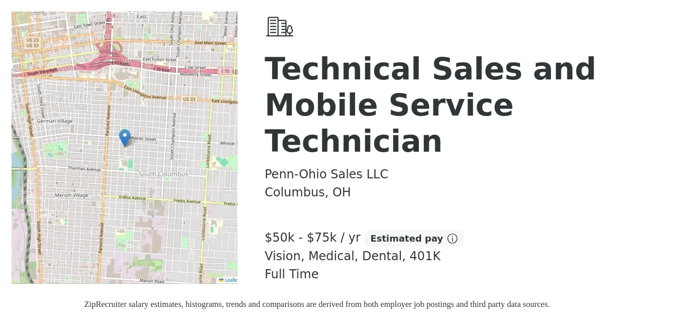 Penn-Ohio Sales LLC job posting for a Technical Sales and Mobile Service Technician in Columbus, OH with a salary of $50,000 to $75,000 Yearly and benefits including medical, vision, 401k, and dental with a map of Columbus location.