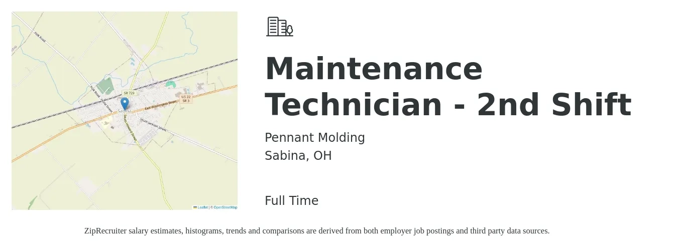 Pennant Molding job posting for a Maintenance Technician - 2nd Shift in Sabina, OH with a salary of $22 to $29 Hourly with a map of Sabina location.