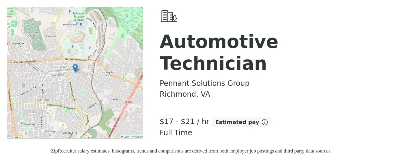 Pennant Solutions Group job posting for a Automotive Technician in Richmond, VA with a salary of $18 to $22 Hourly with a map of Richmond location.