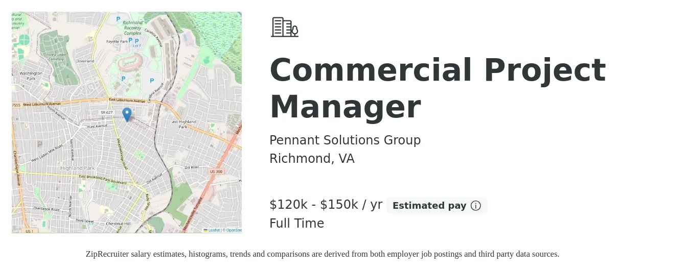 Pennant Solutions Group job posting for a Commercial Project Manager in Richmond, VA with a salary of $120,000 to $150,000 Yearly with a map of Richmond location.