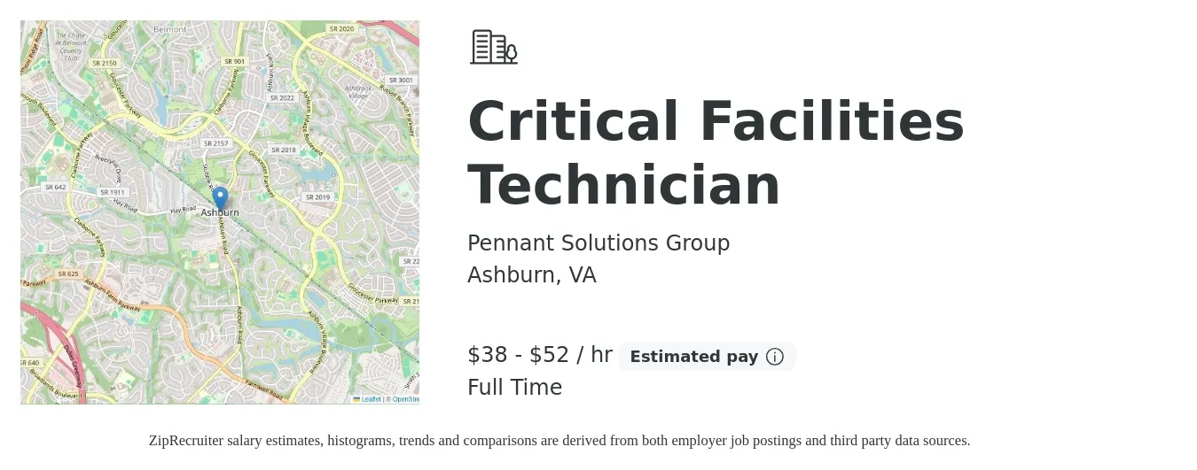 Pennant Solutions Group job posting for a Critical Facilities Technician in Ashburn, VA with a salary of $40 to $55 Hourly with a map of Ashburn location.